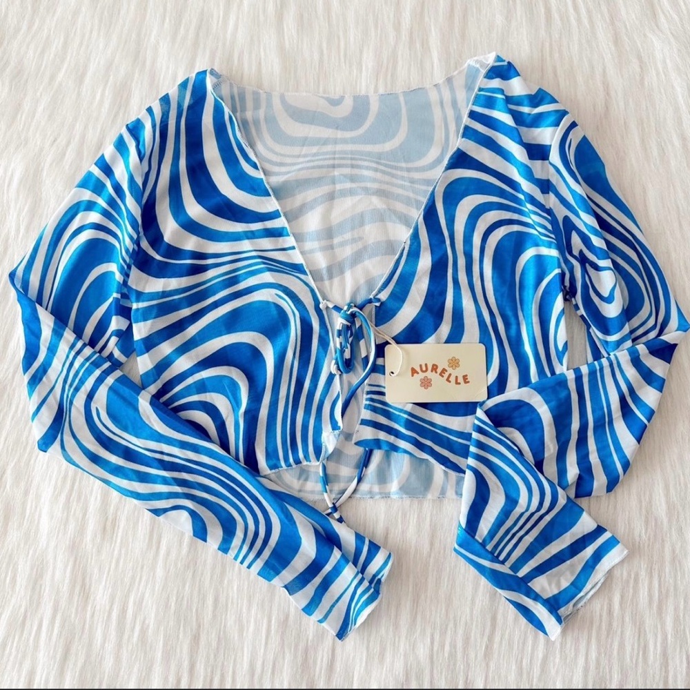 Aurelle Malta Sheer Top, Blue and White Crop Tie Front Swim Cover